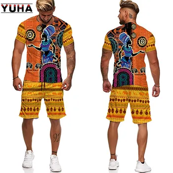 YUHA,3D Trükitud Meeste T-särk, lühikesed Püksid Komplekt 2pc Hip-Hop Stiilis Lühikesed Varrukad O-kaeluse Suvel Aafrika Folk-custom Muster Meeste Riided S 0